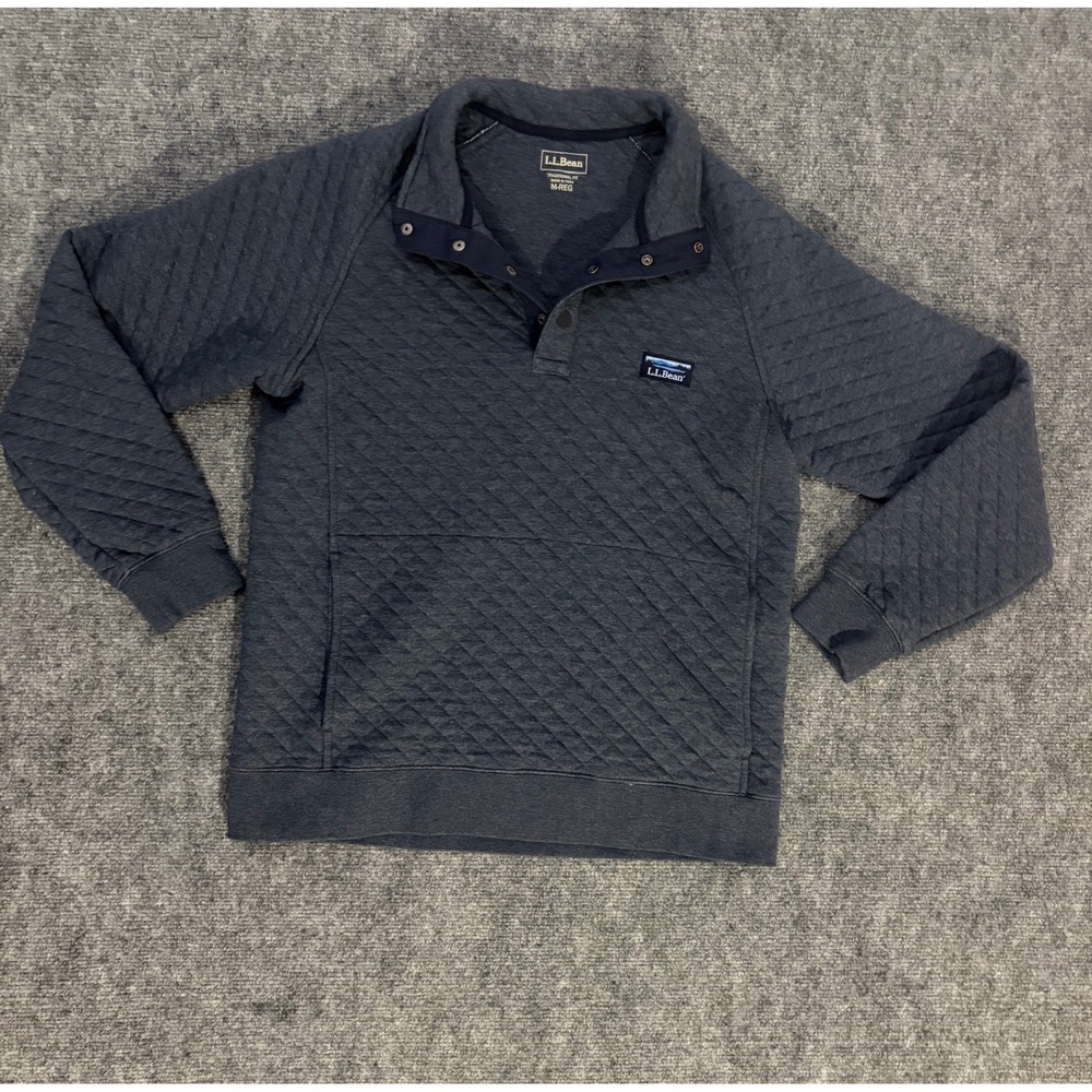 LL Bean Mens Quilted Sweatshirt Navy Blue Snap Mock Neck Pullover M VN1000879